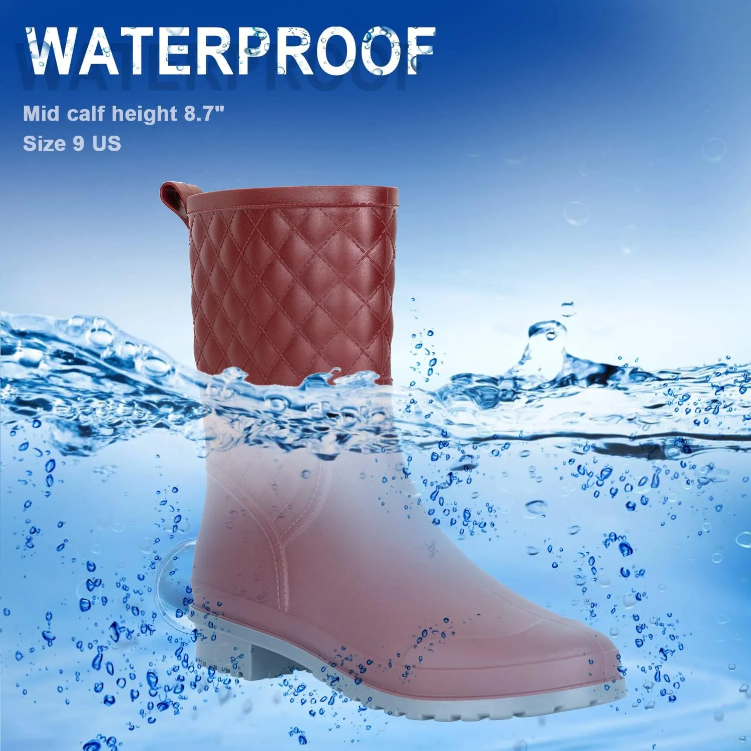 Petrass Women Rain Boots Black Waterproof Mid Calf Lightweight Cute Booties Fashion Out Work Comfortable Garden Shoes
