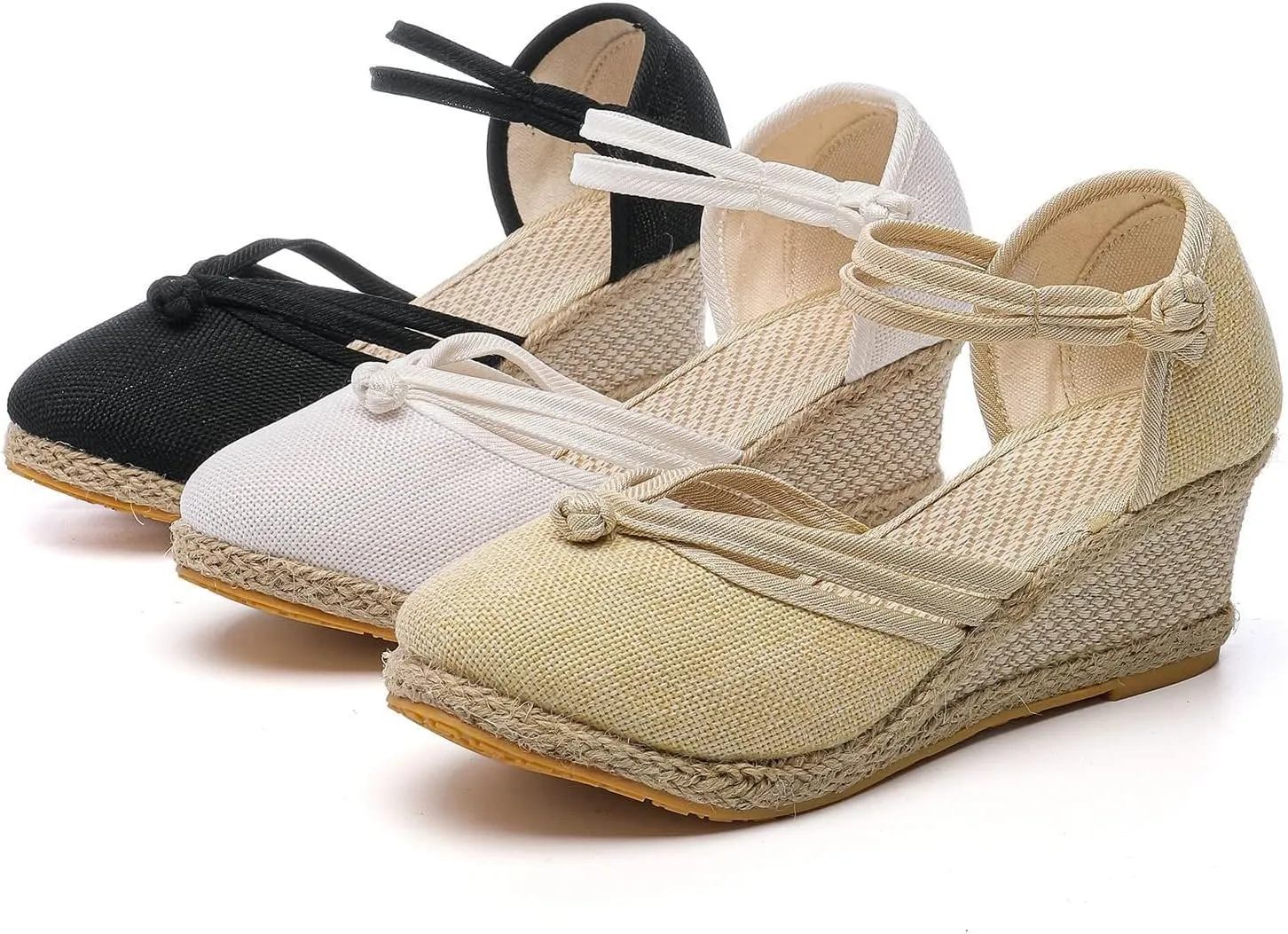 Platform Closed Toe Sandals for Women 2025 Dressy Summer, Women's Elastic Ankle Strap Espadrille Wedge Sandals Platform Lace Up Casual Shoes（White