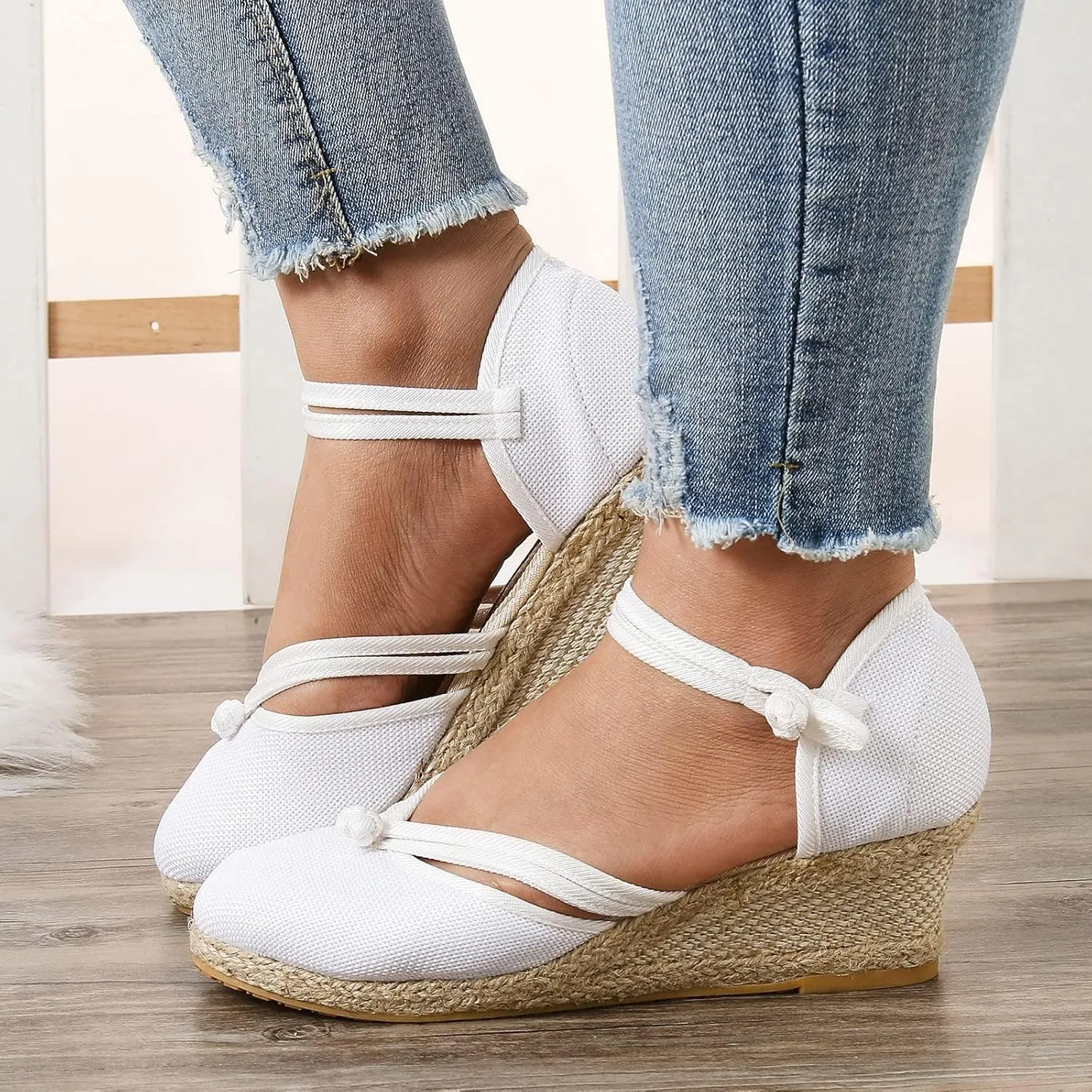 Platform Closed Toe Sandals for Women 2025 Dressy Summer, Women's Elastic Ankle Strap Espadrille Wedge Sandals Platform Lace Up Casual Shoes（White