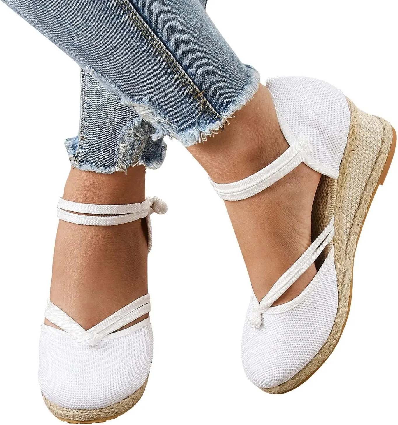 Platform Closed Toe Sandals for Women 2025 Dressy Summer, Women's Elastic Ankle Strap Espadrille Wedge Sandals Platform Lace Up Casual Shoes（White