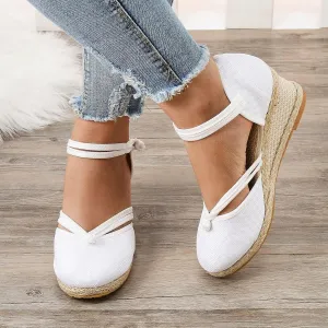 Platform Closed Toe Sandals for Women 2025 Dressy Summer, Women's Elastic Ankle Strap Espadrille Wedge Sandals Platform Lace Up Casual Shoes（White