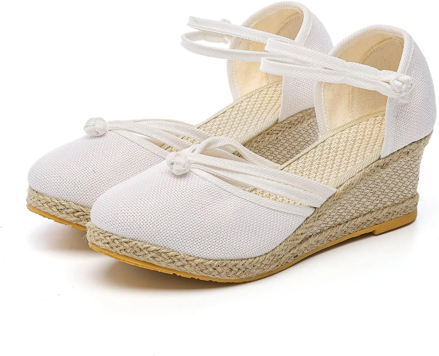 Platform Closed Toe Sandals for Women 2025 Dressy Summer, Women's Elastic Ankle Strap Espadrille Wedge Sandals Platform Lace Up Casual Shoes（White