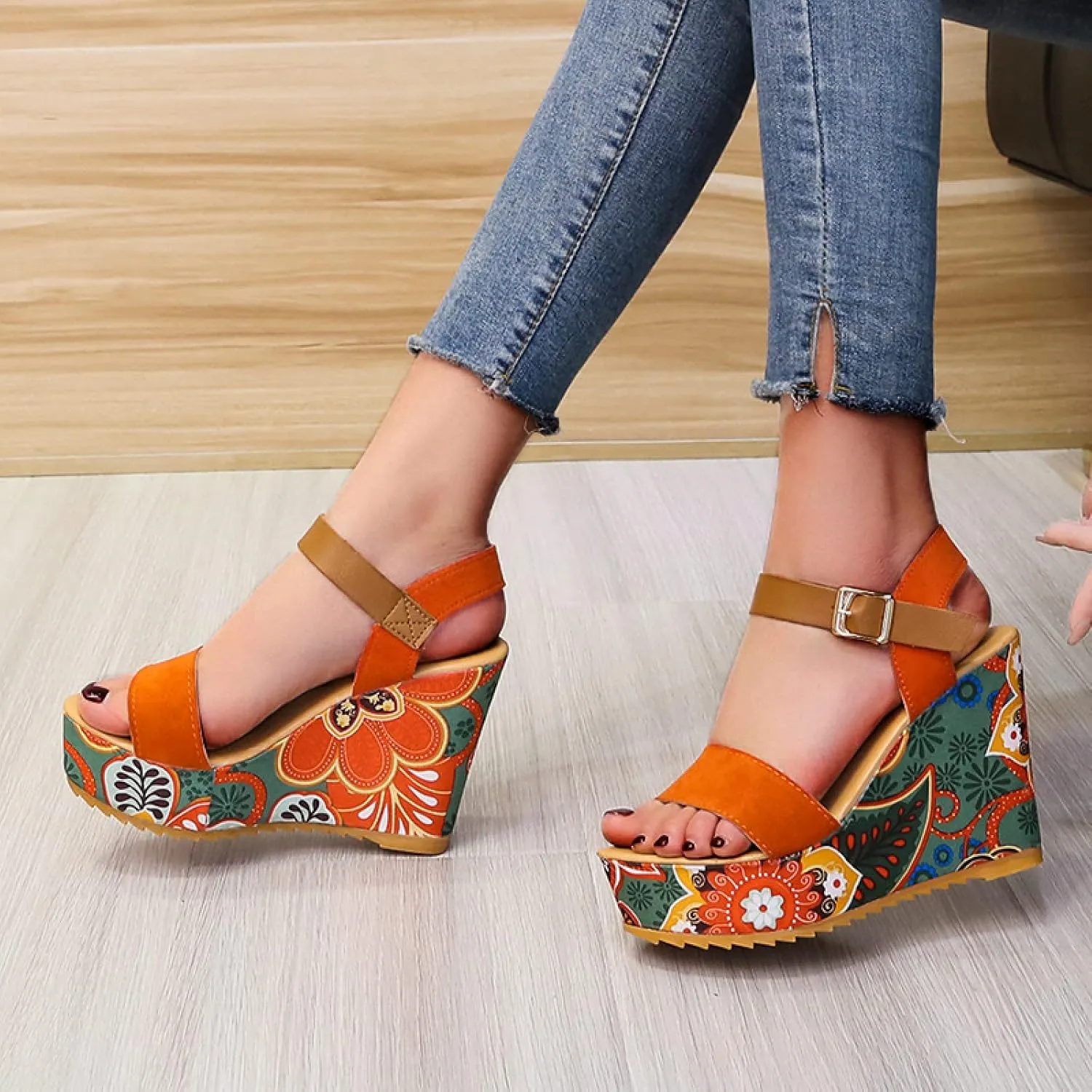 Platform Heel Sandals,Fashion Platform Sandals, Floral Wedge Sandals,Orange,38,Women's Open Toe Footbed Sandals