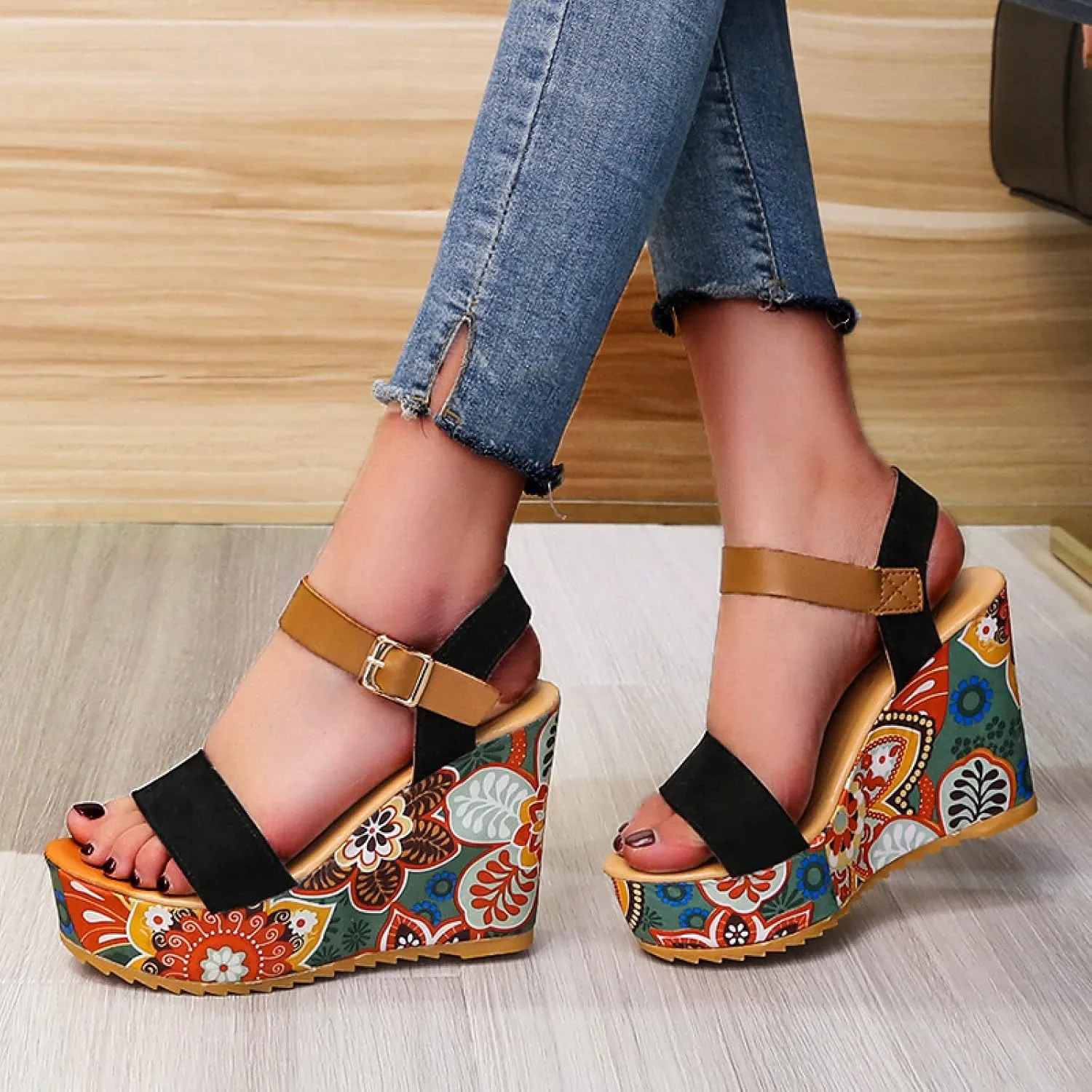 Platform Heel Sandals,Fashion Platform Sandals, Floral Wedge Sandals,Orange,38,Women's Open Toe Footbed Sandals