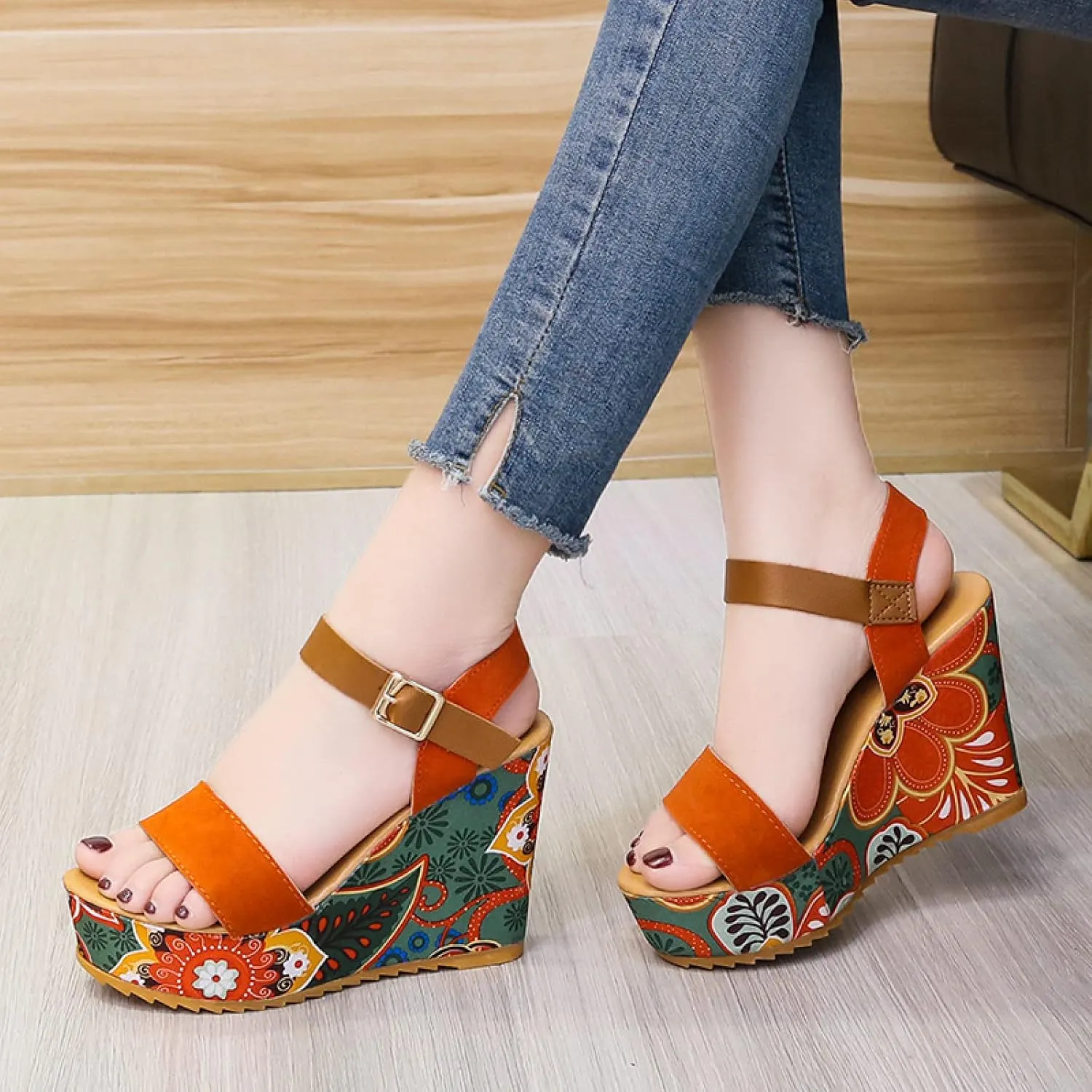 Platform Heel Sandals,Fashion Platform Sandals, Floral Wedge Sandals,Orange,38,Women's Open Toe Footbed Sandals