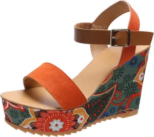 Platform Heel Sandals,Fashion Platform Sandals, Floral Wedge Sandals,Orange,38,Women's Open Toe Footbed Sandals