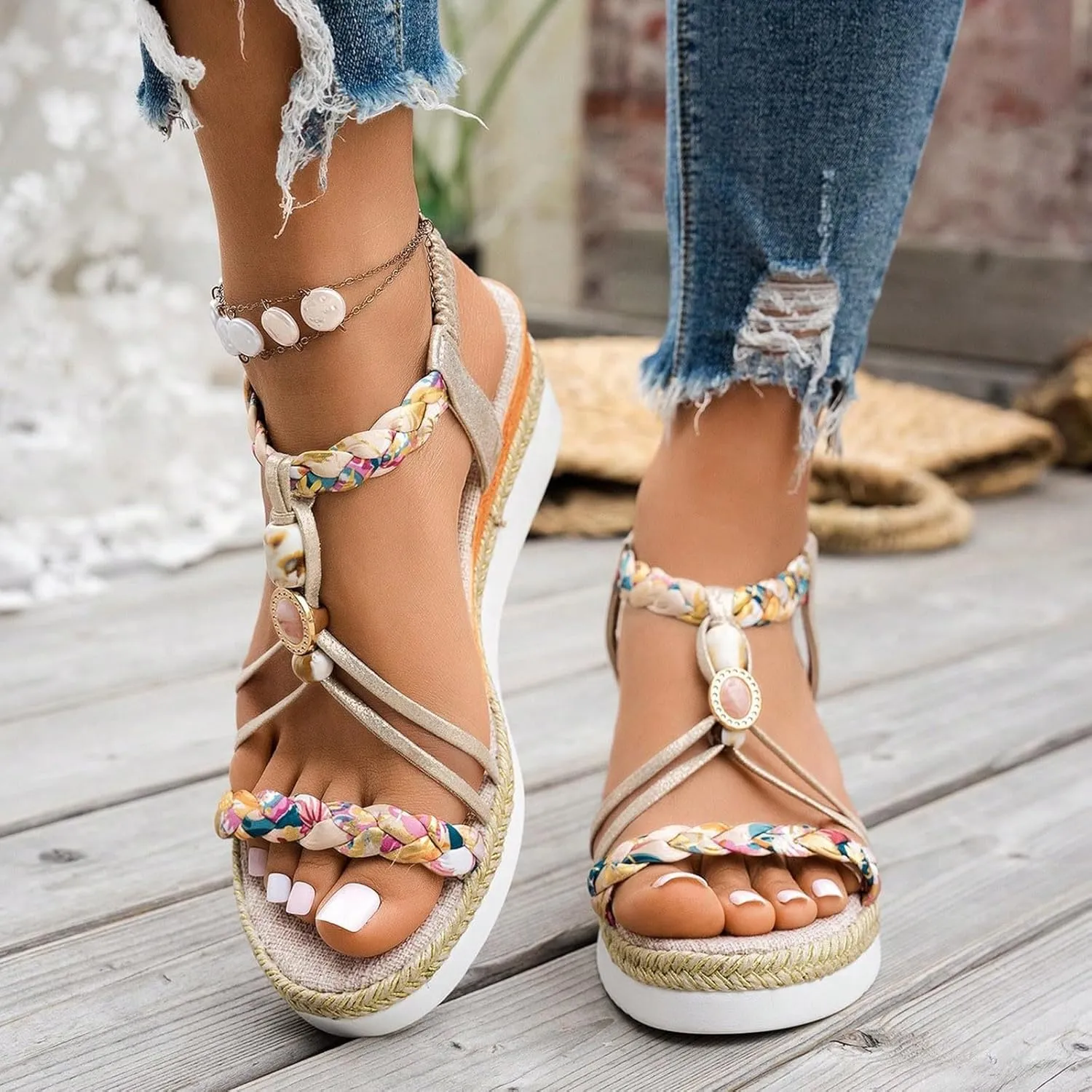 Platform Sandals Elastic Ankle Strap Espadrilles Sandals Open Toe Vintage Bohemian Summer Women Shoes Outdoor