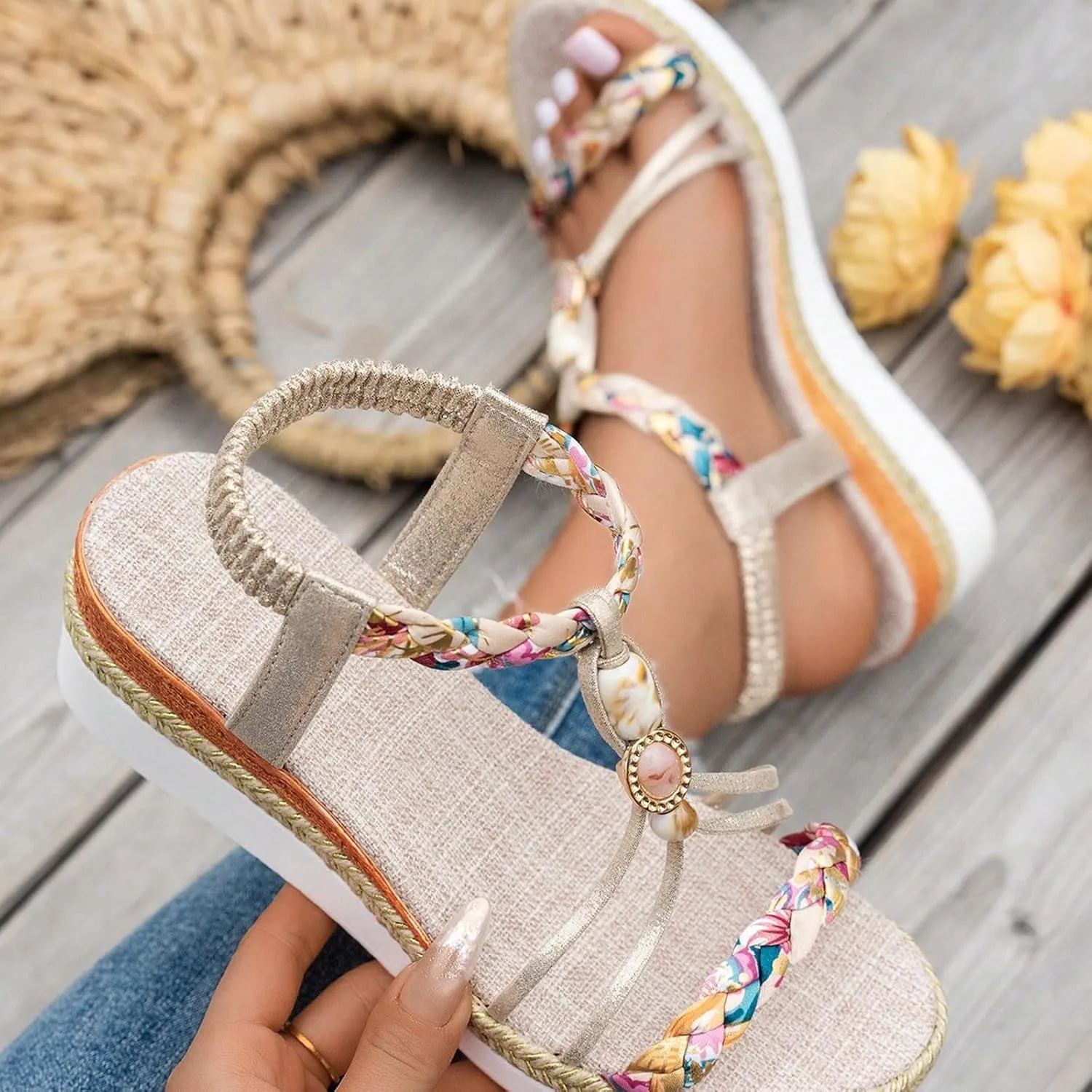 Platform Sandals Elastic Ankle Strap Espadrilles Sandals Open Toe Vintage Bohemian Summer Women Shoes Outdoor