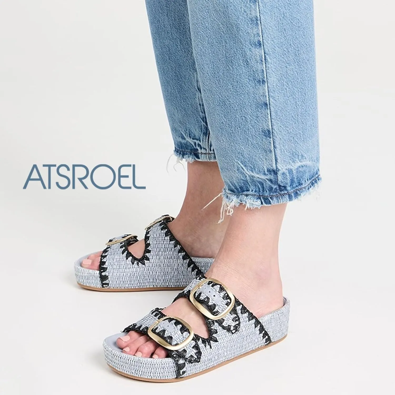 Platform Sandals For Women Raffia Espadrilles Open Toe Flatform Sandals Slip On Slide Sandals Casual Woven Sandals Summer Beach Sandals