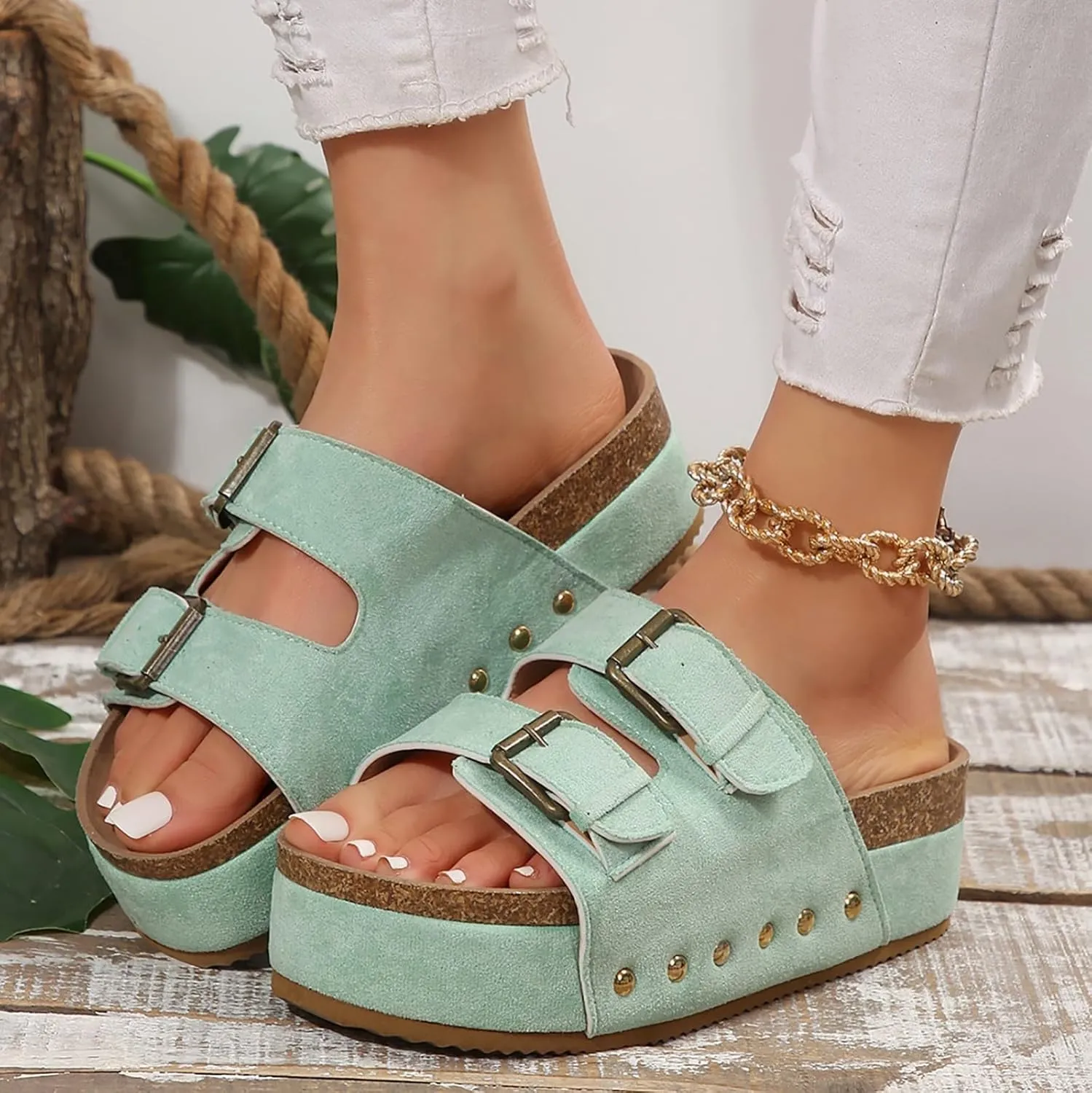 Platform Sandals Women Cork Footbed Orthopedic Slides 2 Straps Adjustable Buckle Slip On Summer with Comfort Shoes