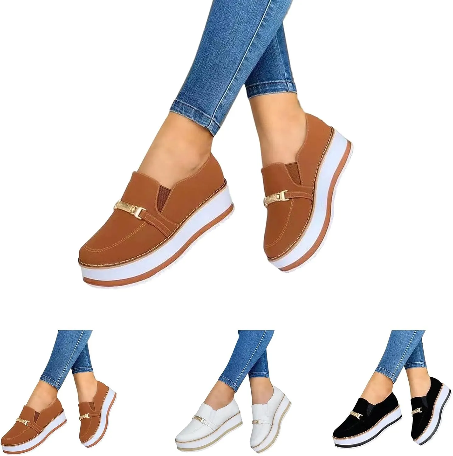 Platform Sandals Women Women's Leather Platform Slip on Loafers Comfort Moccasins Low Top Casual Shoes Slip On Platform Chunky Penny Heeled Loafers for Women Dressy and Work Womens Casual Shoes