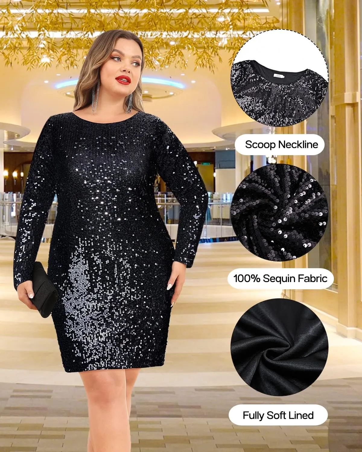 Plus Size Sequin Dresses Long Sleeve Party Sparkle Glitter Glitzy Glam Cocktail Club Mini Bodycon Dress
