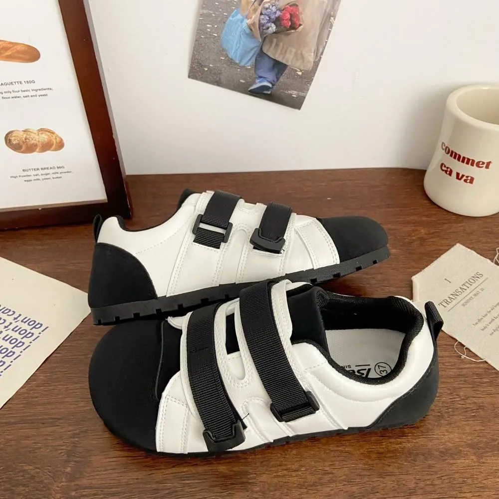 Preppy Sneakerina Ballet Sneakers for Women Kawaii Y2K Trendy Retro Straps Round Toes Non-Slip Chunky Sole Casual Leather Slip on Platform Sneakers Back to School Gifts for Daughter