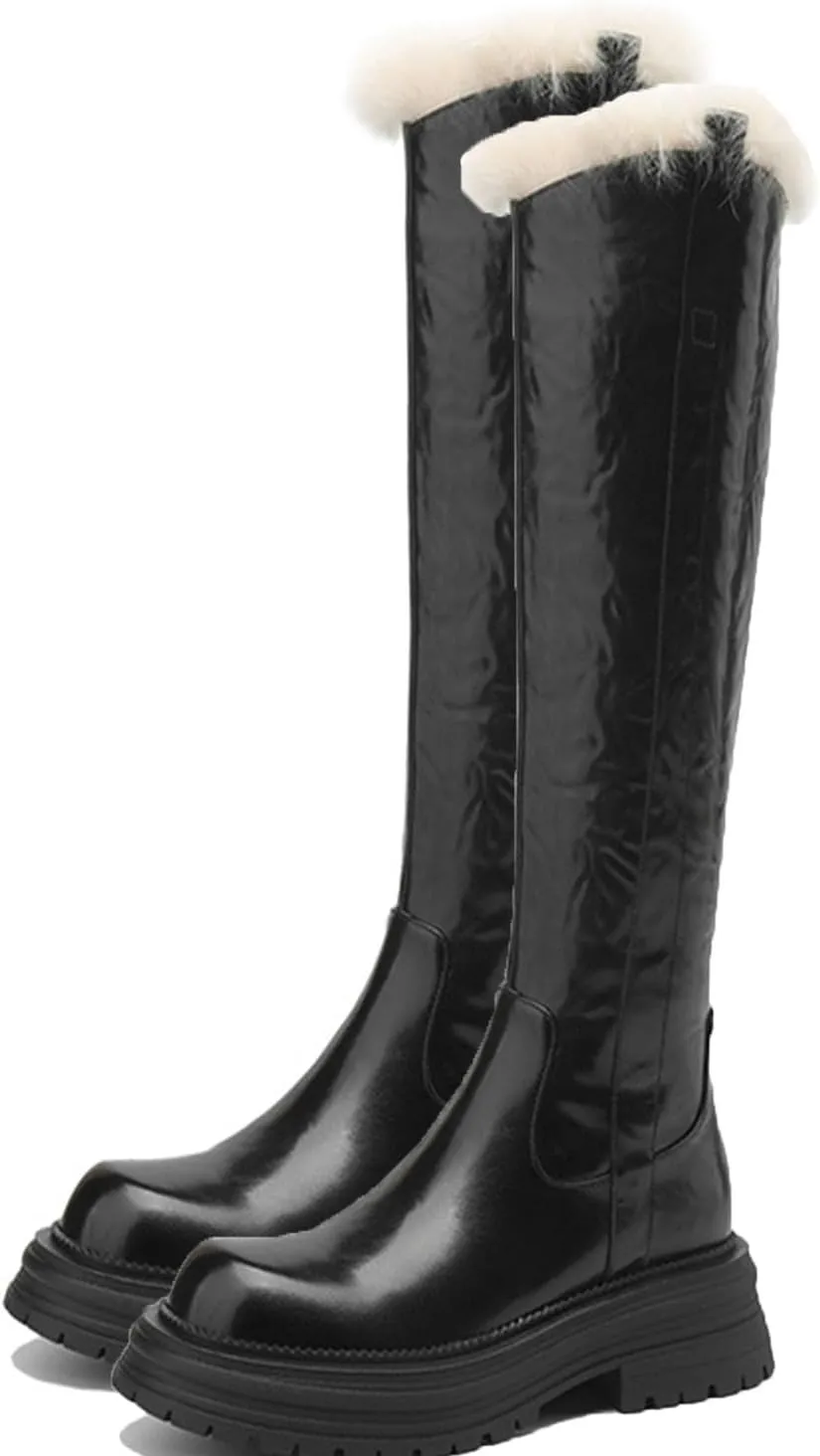Raw Edge Knee High Snow Boots, Zipper Thick Soled Round Toe Straight Boots Short Plush Lining Cold Proof Warm High Boots Waterproof Non Slip Winter Boots