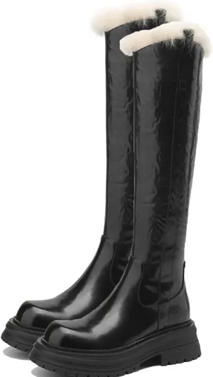 Raw Edge Knee High Snow Boots, Zipper Thick Soled Round Toe Straight Boots Short Plush Lining Cold Proof Warm High Boots Waterproof Non Slip Winter Boots
