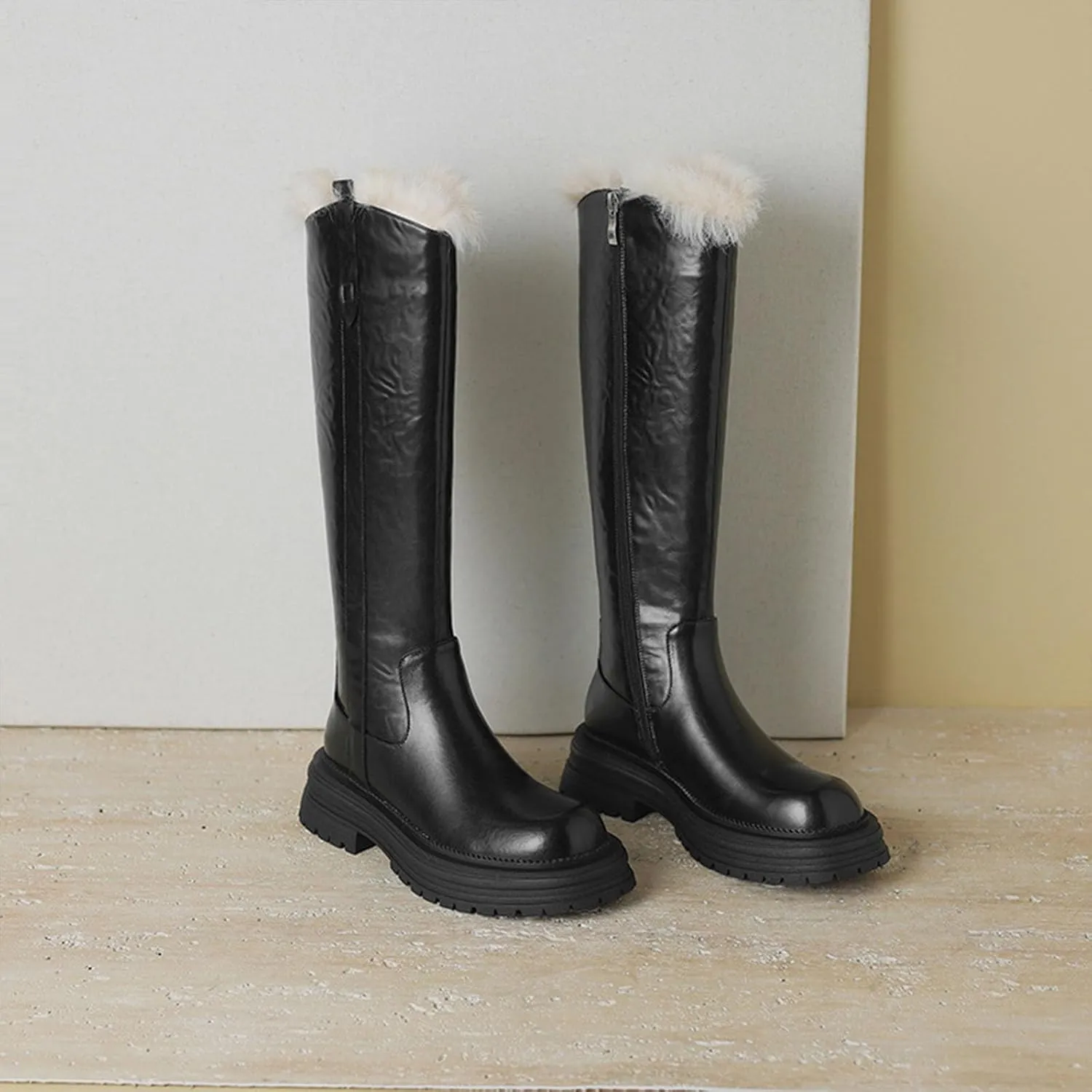 Raw Edge Knee High Snow Boots, Zipper Thick Soled Round Toe Straight Boots Short Plush Lining Cold Proof Warm High Boots Waterproof Non Slip Winter Boots