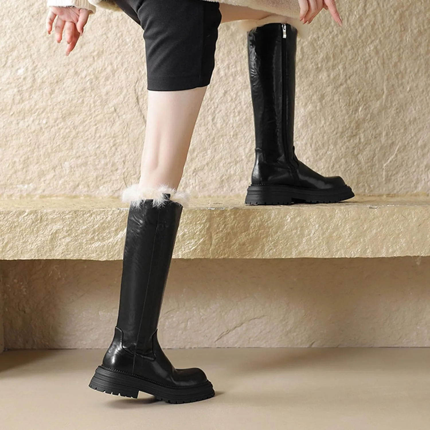 Raw Edge Knee High Snow Boots, Zipper Thick Soled Round Toe Straight Boots Short Plush Lining Cold Proof Warm High Boots Waterproof Non Slip Winter Boots
