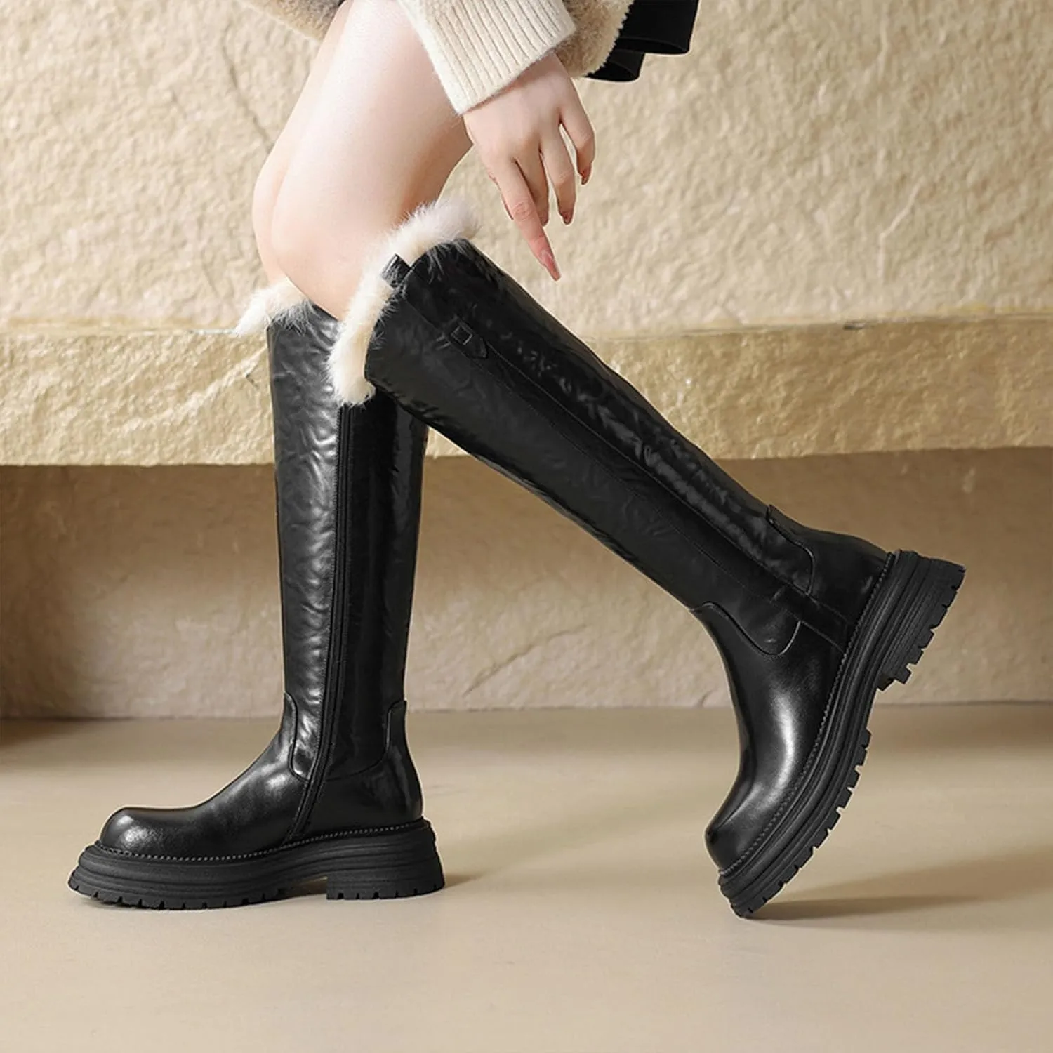 Raw Edge Knee High Snow Boots, Zipper Thick Soled Round Toe Straight Boots Short Plush Lining Cold Proof Warm High Boots Waterproof Non Slip Winter Boots