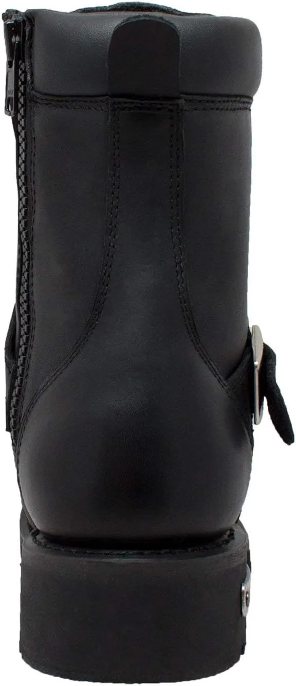 RIDETECS 8" Biker Riding Leather Motorcycle Boots For Men, Mid Calf, Side Zipper with Buckle Strap - Black