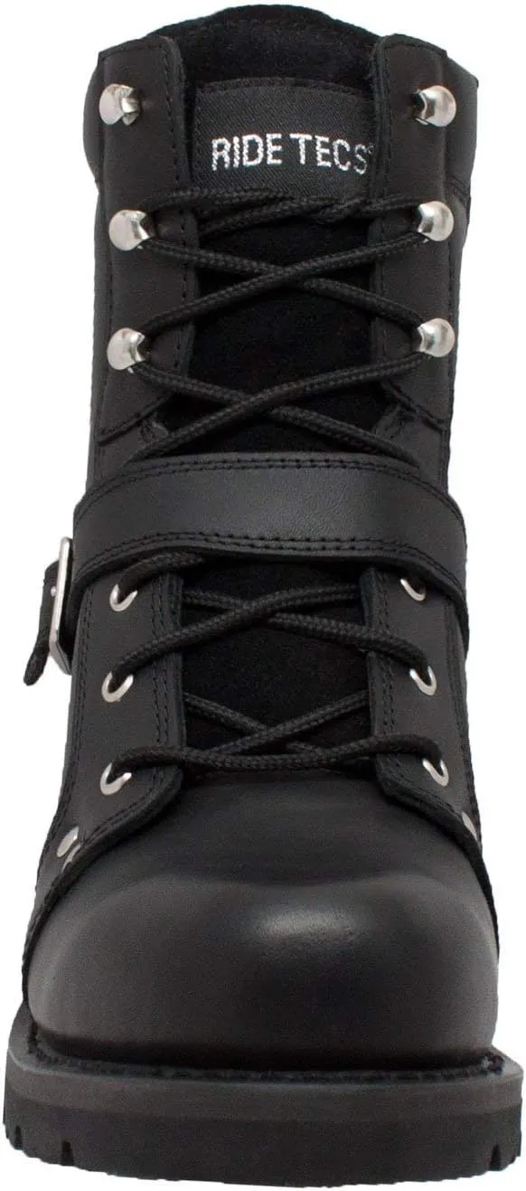RIDETECS 8" Biker Riding Leather Motorcycle Boots For Men, Mid Calf, Side Zipper with Buckle Strap - Black