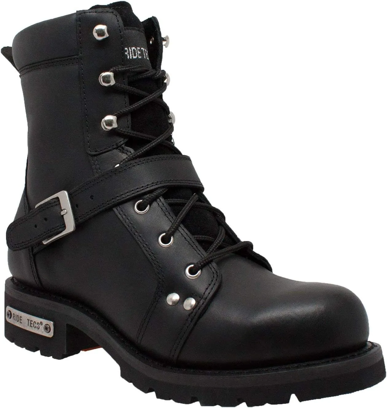 RIDETECS 8" Biker Riding Leather Motorcycle Boots For Men, Mid Calf, Side Zipper with Buckle Strap - Black