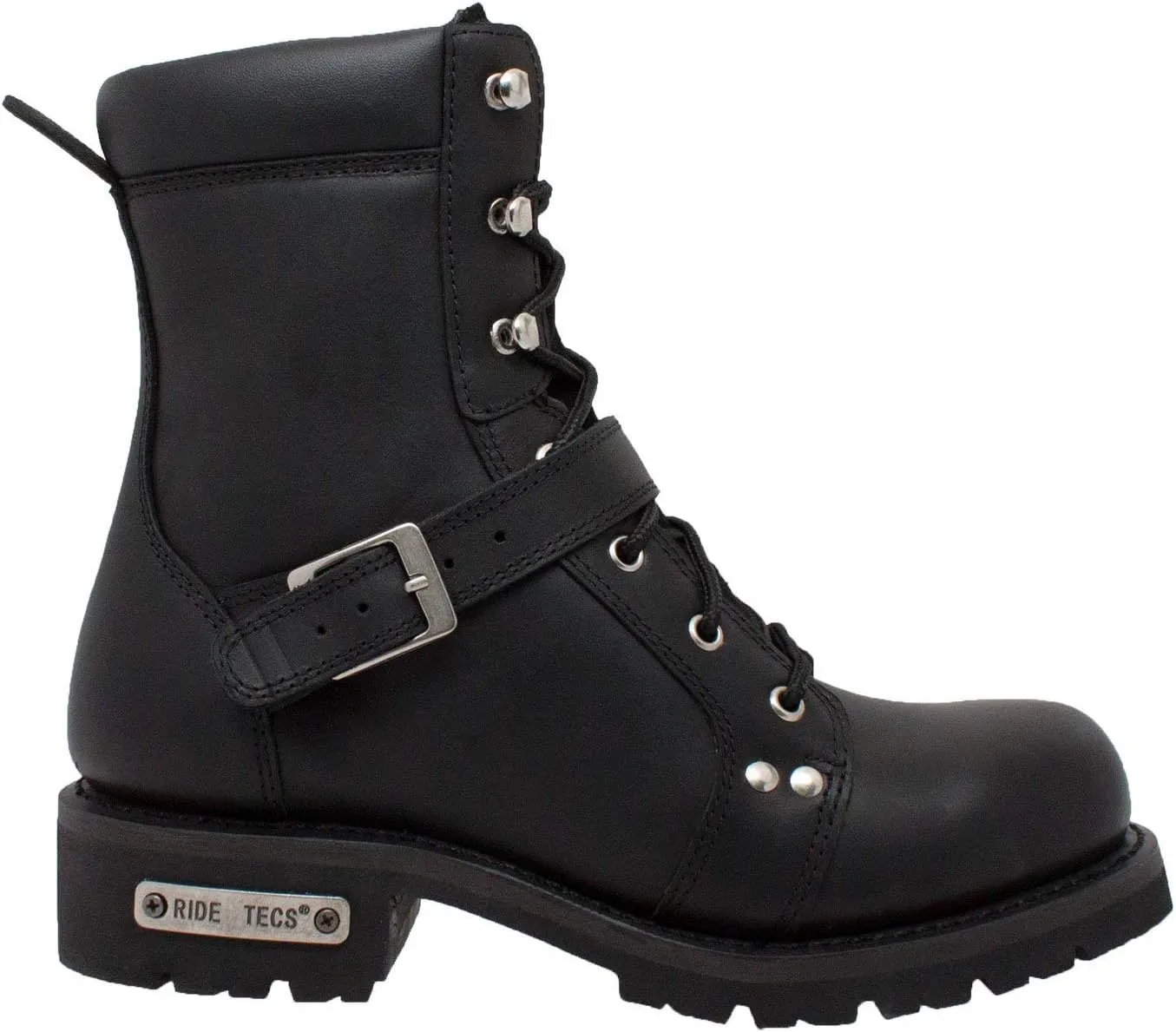 RIDETECS 8" Biker Riding Leather Motorcycle Boots For Men, Mid Calf, Side Zipper with Buckle Strap - Black