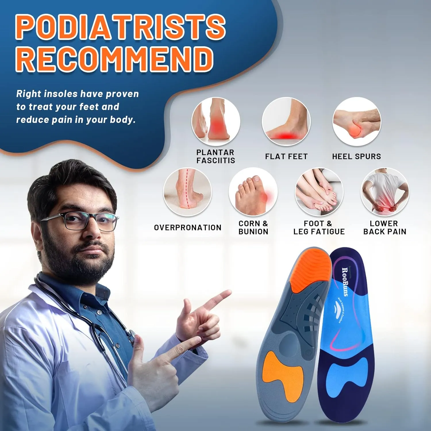 RooRuns Heavy Duty Arch Support Plantar Fasciitis Insoles for Men and Women, Orthotic Inserts Shoe Insoles for Flat Feet, Heel Spurs, High Arches, OverPronation, Metatarsalgia, Foot Pain Relief, XS