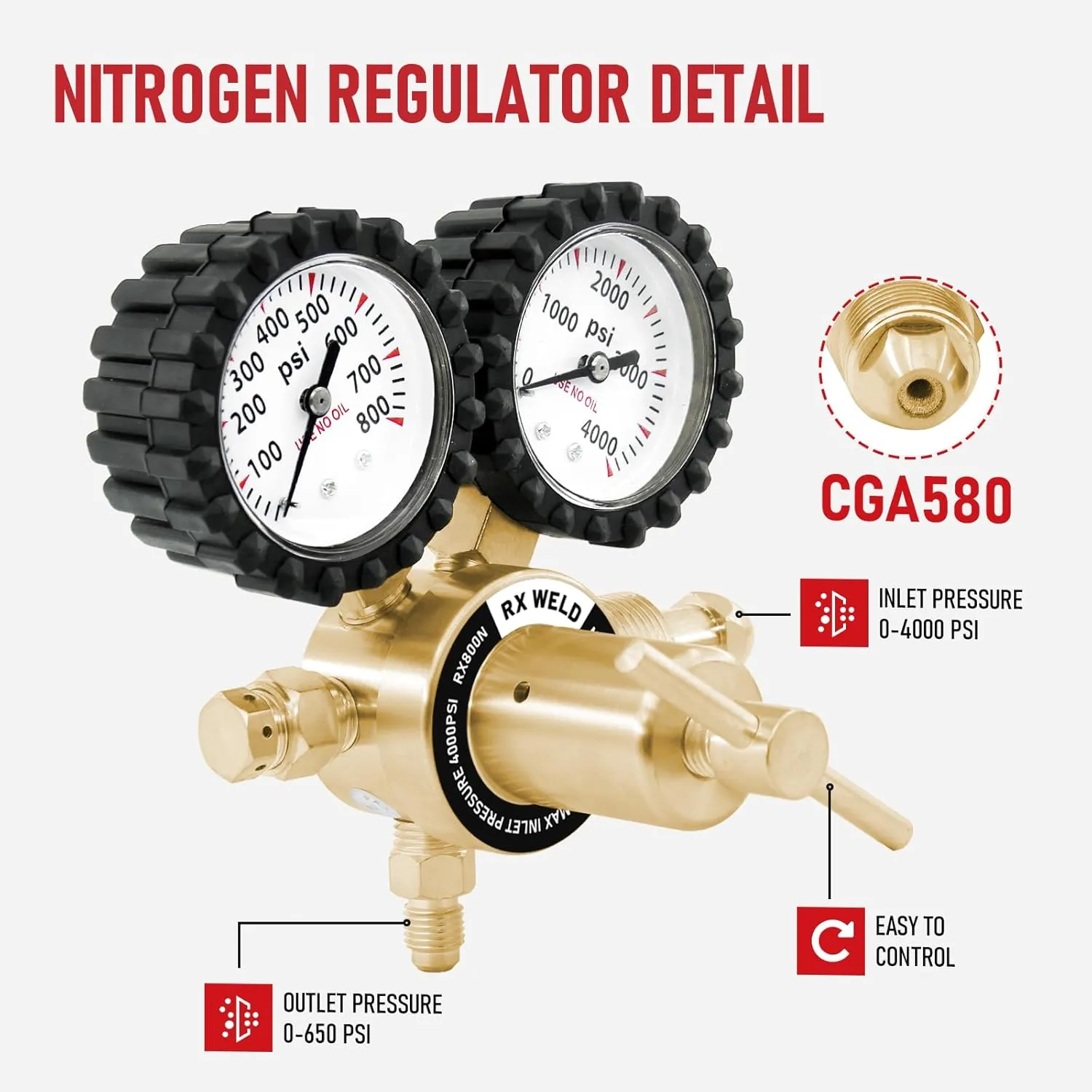 RX WELD Nitrogen Regulator with 0-800 PSI, CGA580 Inlet, Delivery Pressure Equipment Brass Inlet Outlet Connection Gauges with Refrigeration Hose