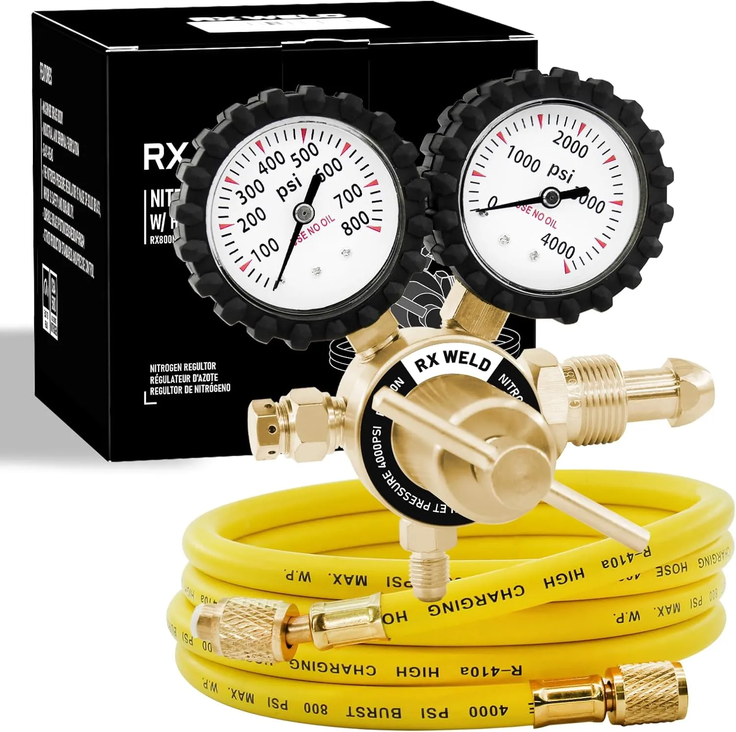 RX WELD Nitrogen Regulator with 0-800 PSI, CGA580 Inlet, Delivery Pressure Equipment Brass Inlet Outlet Connection Gauges with Refrigeration Hose