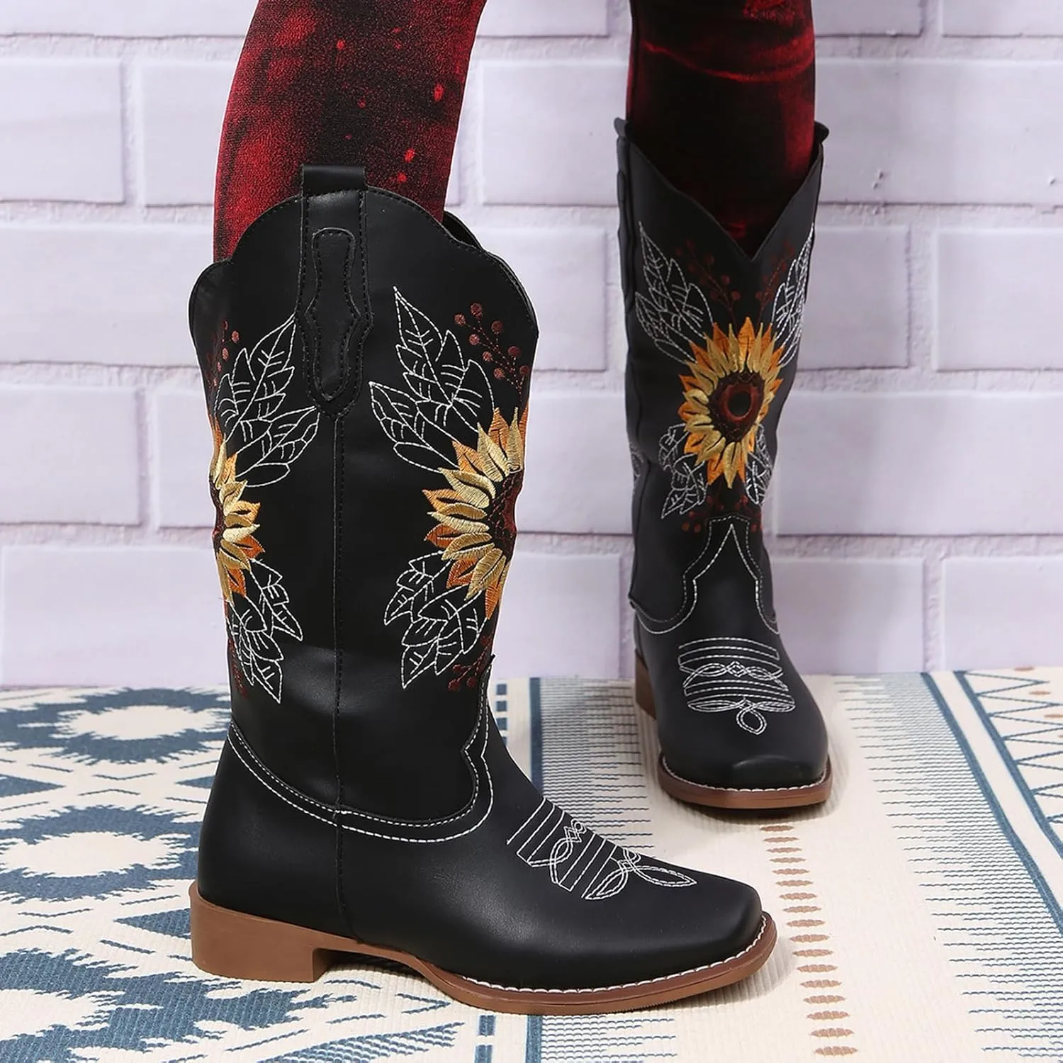 SACFOF Cowboy Boots for Women Sunflower Boots Square Toe Mid Calf Western Embroidery Stitched Low Heel Western Cowgirl Boots