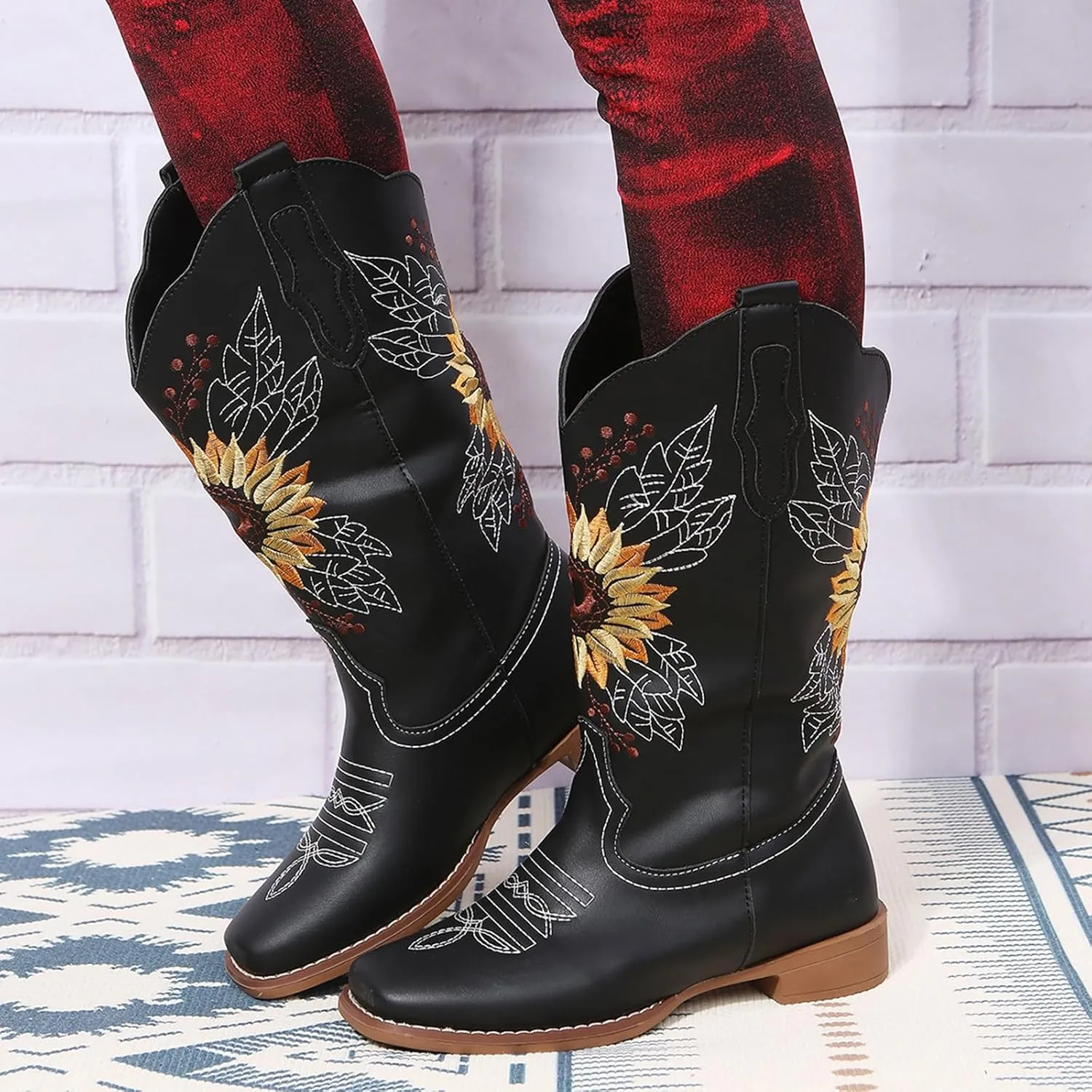 SACFOF Cowboy Boots for Women Sunflower Boots Square Toe Mid Calf Western Embroidery Stitched Low Heel Western Cowgirl Boots