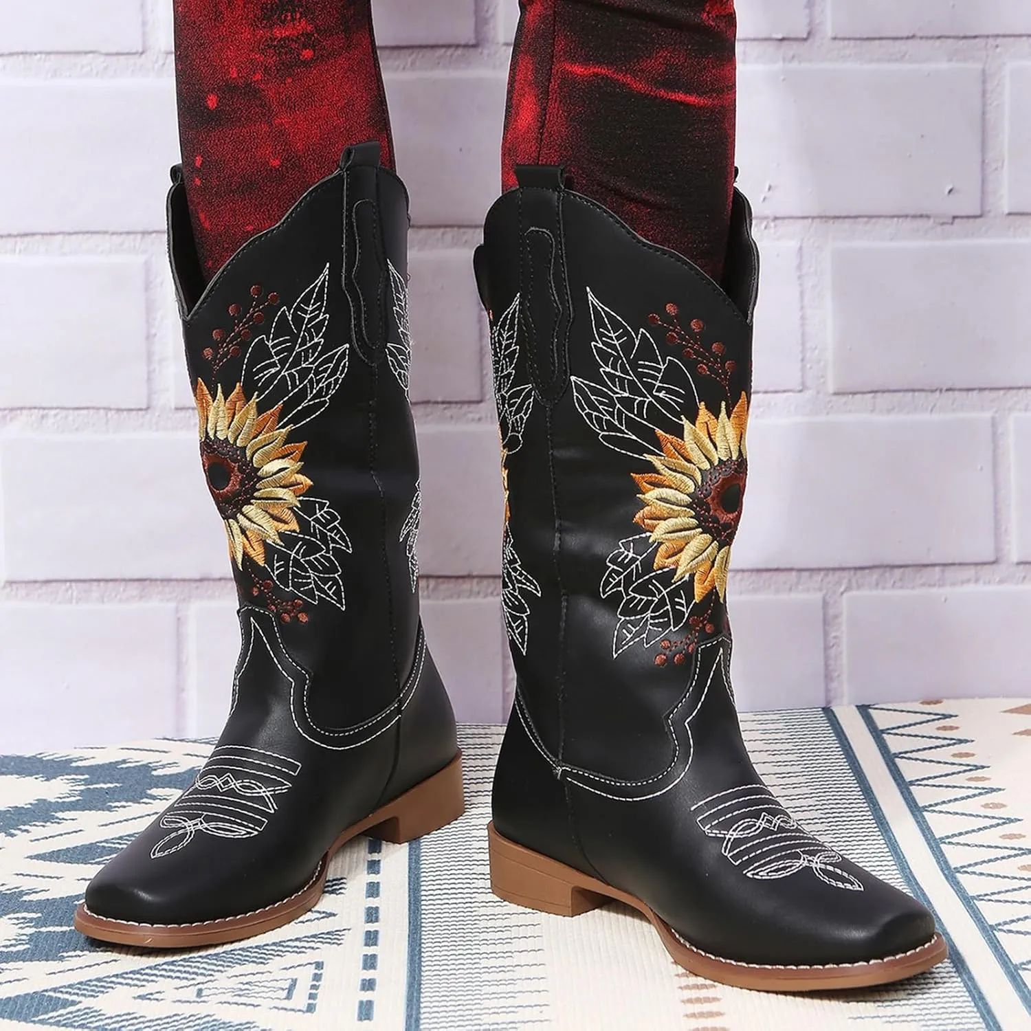 SACFOF Cowboy Boots for Women Sunflower Boots Square Toe Mid Calf Western Embroidery Stitched Low Heel Western Cowgirl Boots