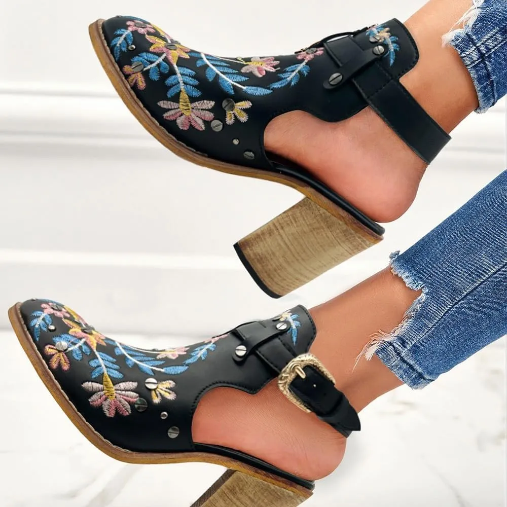SACFOF Women's Floral Embroidery Ankle Boots Buckled Backless Western Vintage Wooden Chunky Heeled Cowgirl Short Booties