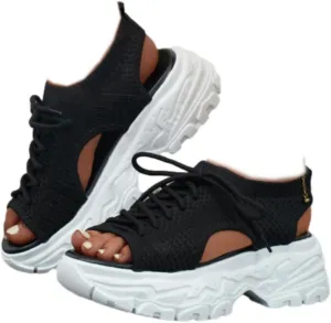 SACFOF Womens Knit Platform Wedges Sneaker Open Toe Athletic Walking Shoes High Heel Mesh Breathable Fashion Sneaker