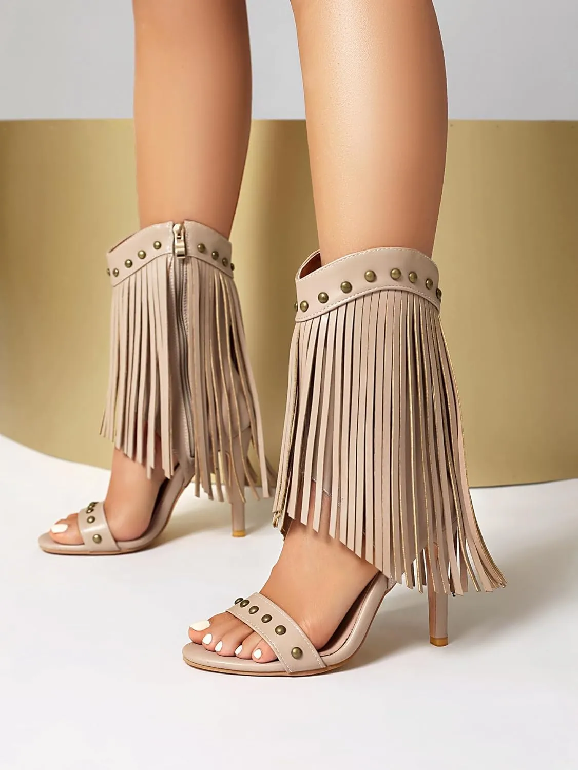 SACFOF Womens Open Toe Fringe Stiletto High Heels Sandals Studded High Heeled Dress Wedding Gladiator Sandals