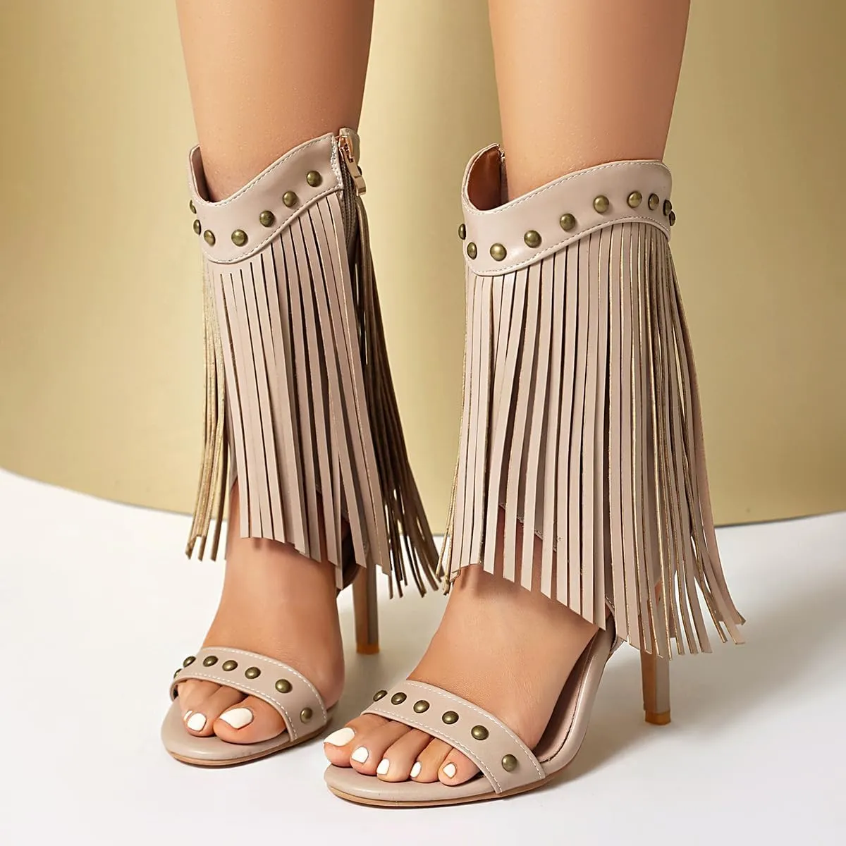 SACFOF Womens Open Toe Fringe Stiletto High Heels Sandals Studded High Heeled Dress Wedding Gladiator Sandals