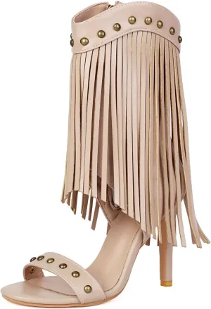 SACFOF Womens Open Toe Fringe Stiletto High Heels Sandals Studded High Heeled Dress Wedding Gladiator Sandals