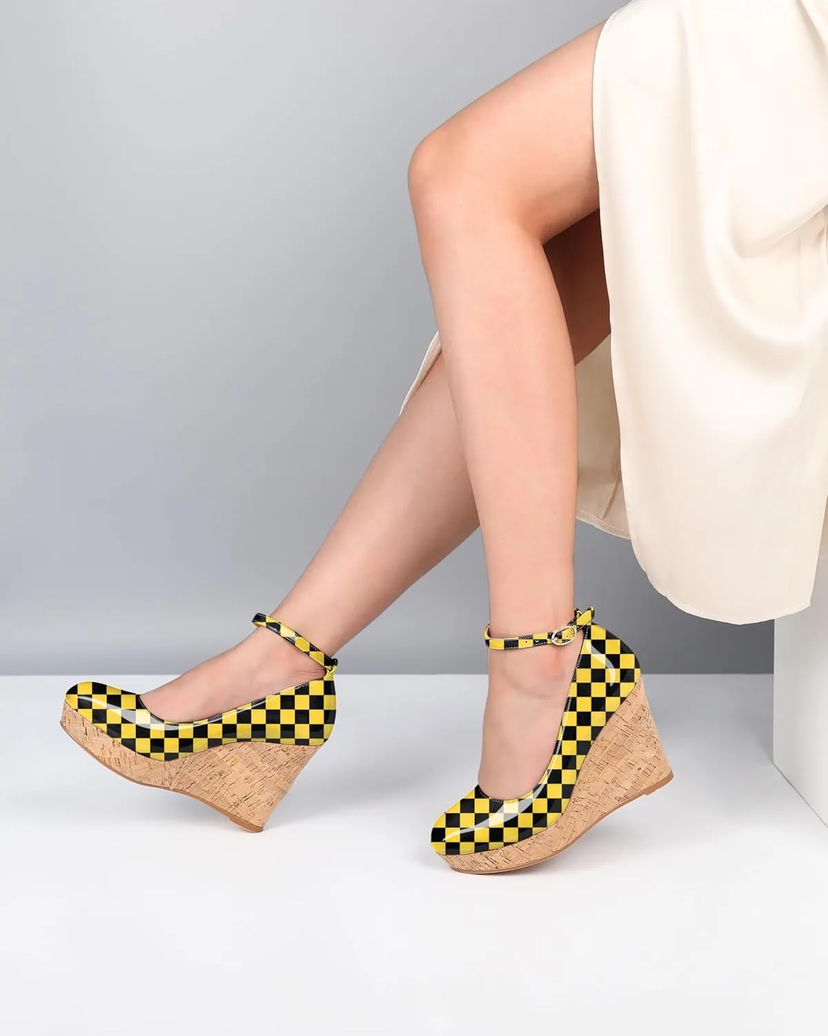 SAMMITOP Wedge Heels for Women Platform High Heel Wedges Closed Round Toe Comfy Espadrilles Ankle Strap Pumps Dress Shoes 4 Inches