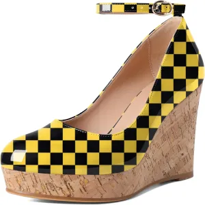 SAMMITOP Wedge Heels for Women Platform High Heel Wedges Closed Round Toe Comfy Espadrilles Ankle Strap Pumps Dress Shoes 4 Inches