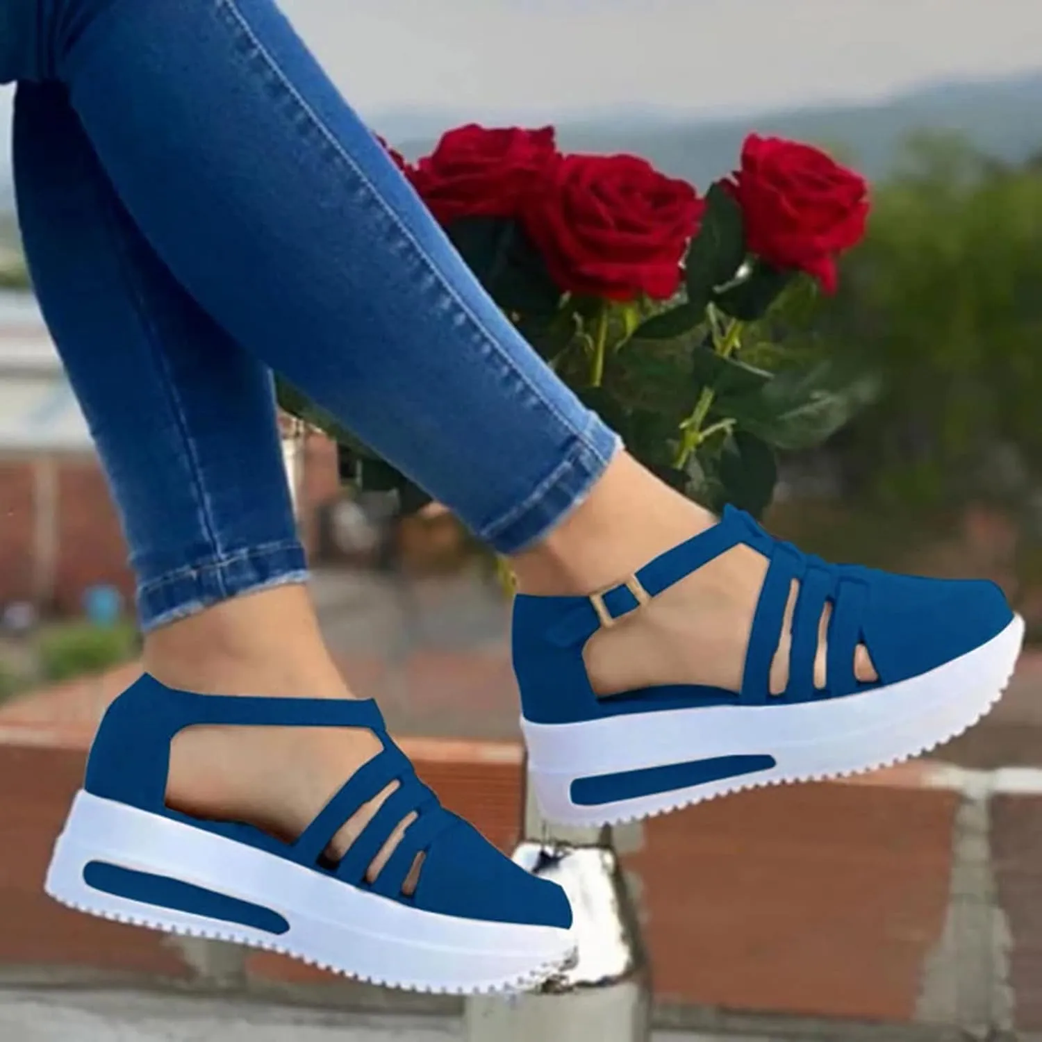 Sandals for Women Dressy Summer 2023 Casual Closed Toe Sandals Ankle Strap Closed Toe Espadrilles Wedge Sandals (B/Blue, 8)