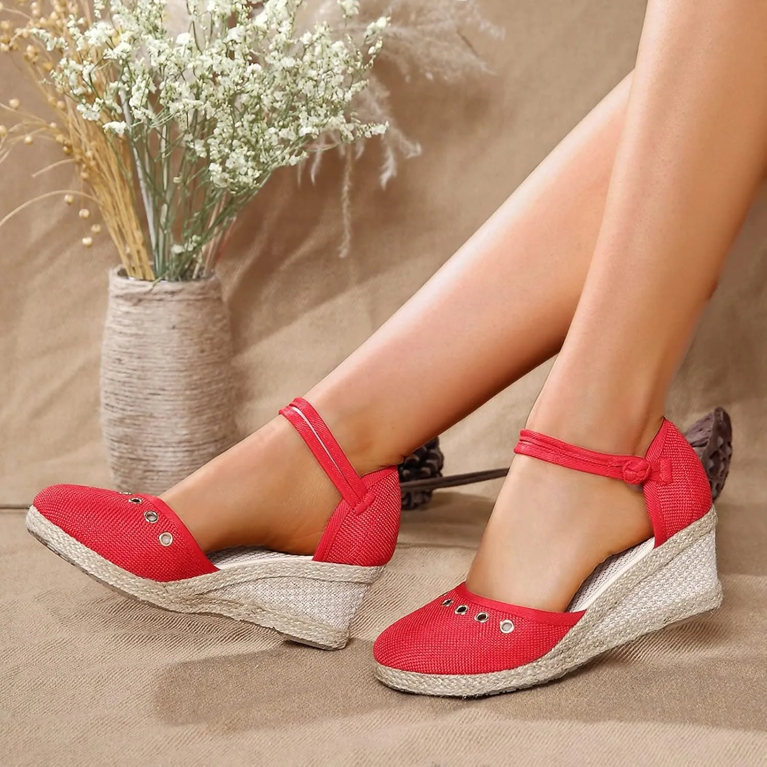Sandals for Women Dressy Summer, Women's Ankle Strap Closed Toe Espadrille Wedge Platform Casual Shoes Heels Sandals 2025 Canvas Summer Elastic Retro Wedges Espadrilles