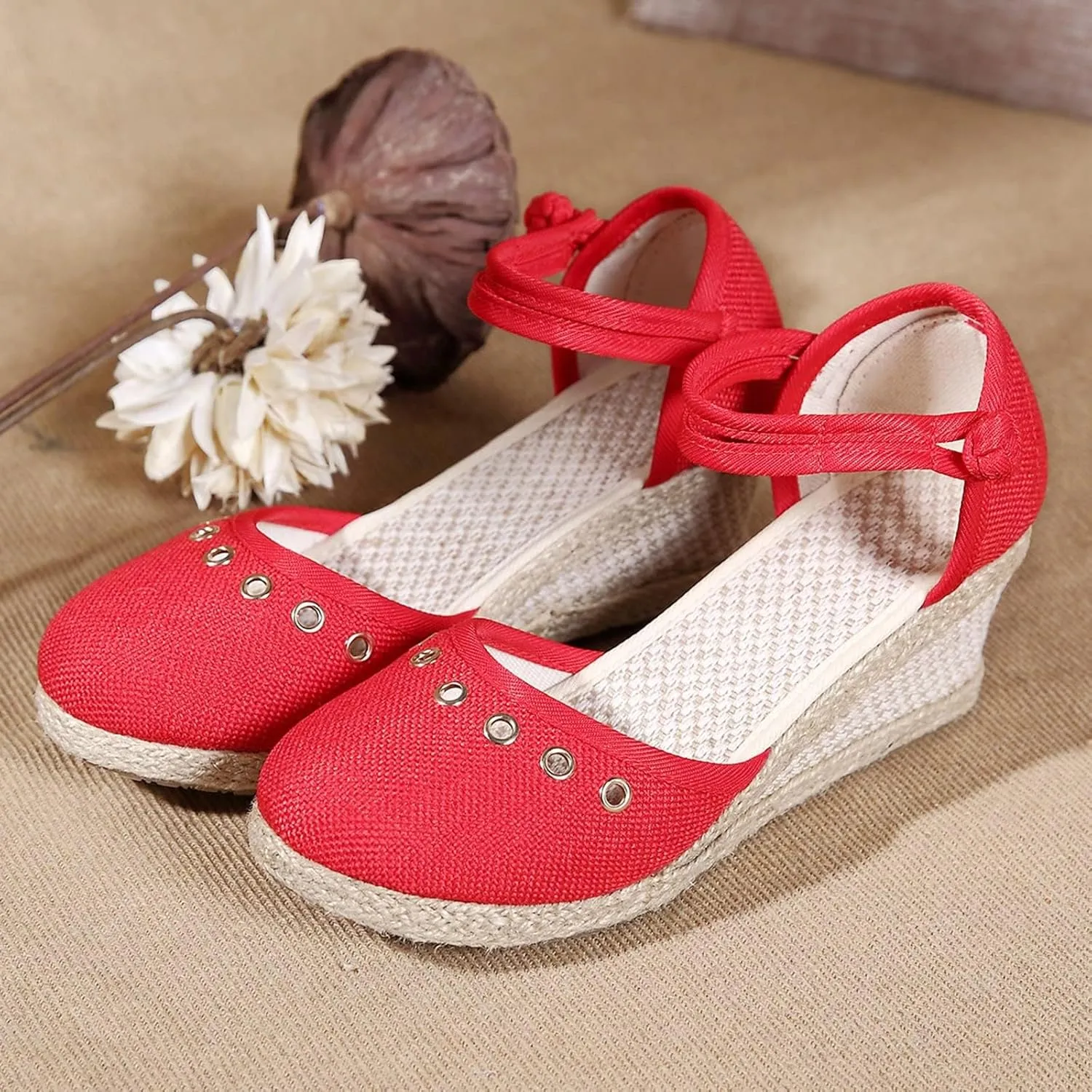 Sandals for Women Dressy Summer, Women's Ankle Strap Closed Toe Espadrille Wedge Platform Casual Shoes Heels Sandals 2025 Canvas Summer Elastic Retro Wedges Espadrilles