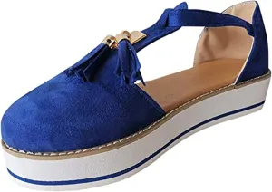 Sandals for Women Tassel Summer Platform Leather Sandal Closed Toe Buckle Shoes Ankle Strap Heeled Vintage Beach Espadrilles Sandals
