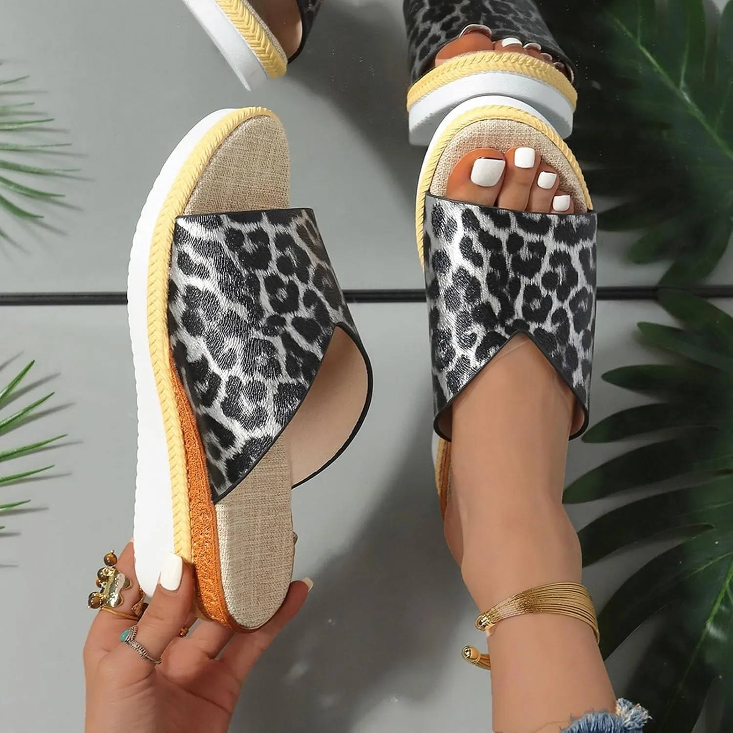 Sandals for Women Wedge Shoes,Fashion Lightweight Arch Support Slippers for Womens Comfy Wedge Orthopedic Sandals Summer Platform Cork Wedges Espadrille Heel Strappy Leather Sandals Dressy Shoes