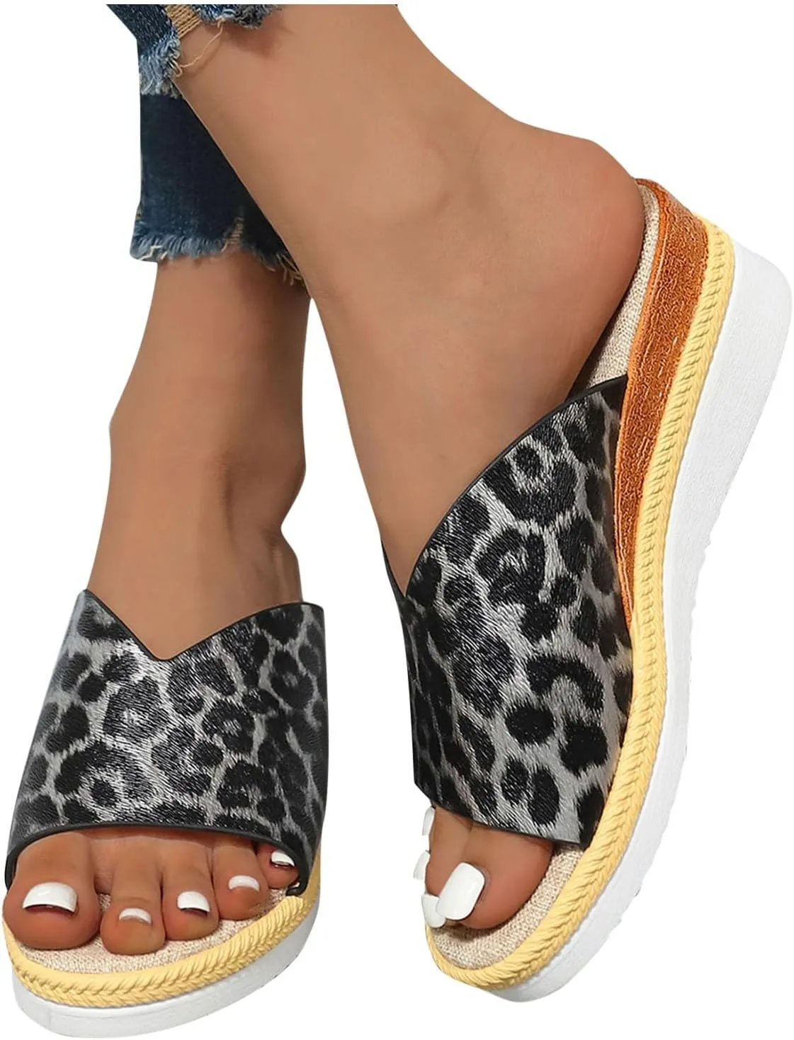 Sandals for Women Wedge Shoes,Fashion Lightweight Arch Support Slippers for Womens Comfy Wedge Orthopedic Sandals Summer Platform Cork Wedges Espadrille Heel Strappy Leather Sandals Dressy Shoes