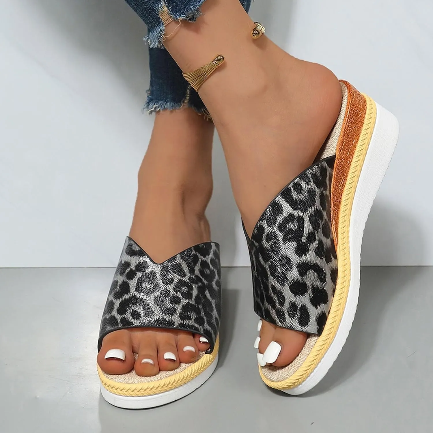 Sandals for Women Wedge Shoes,Fashion Lightweight Arch Support Slippers for Womens Comfy Wedge Orthopedic Sandals Summer Platform Cork Wedges Espadrille Heel Strappy Leather Sandals Dressy Shoes