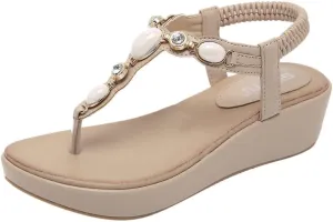 Sandals Women 2023 Summer Fashion Beaded Bohemian Elastic Back Strap Rhinestone Summer Slip on Sandals Comfy Wedge Clip Toe Flip Flops Beach Shoes