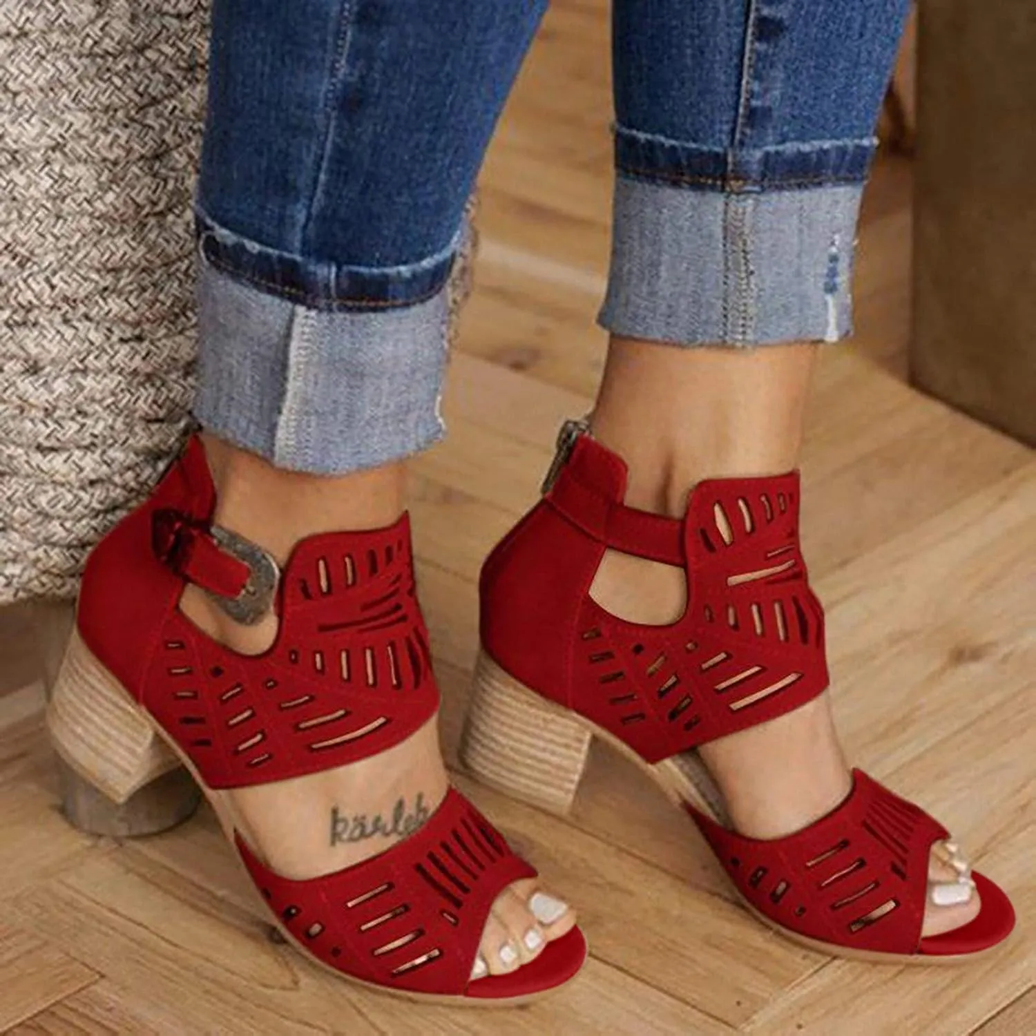 Sandals Women Dressy Summer, Sandals for Women Suede Peep Toe Ankle Booties Cut Out Stacked Heel Ankle Boots