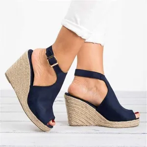 Sandals Women Dressy Summer Wedge, Womens Espadrille Wedge Sandals Open Toe Ankle Strap Buckle Platform Sandals Wedge High Heels Sandals Casual Summer Dress Shoes (a-Dark Blue, 9)