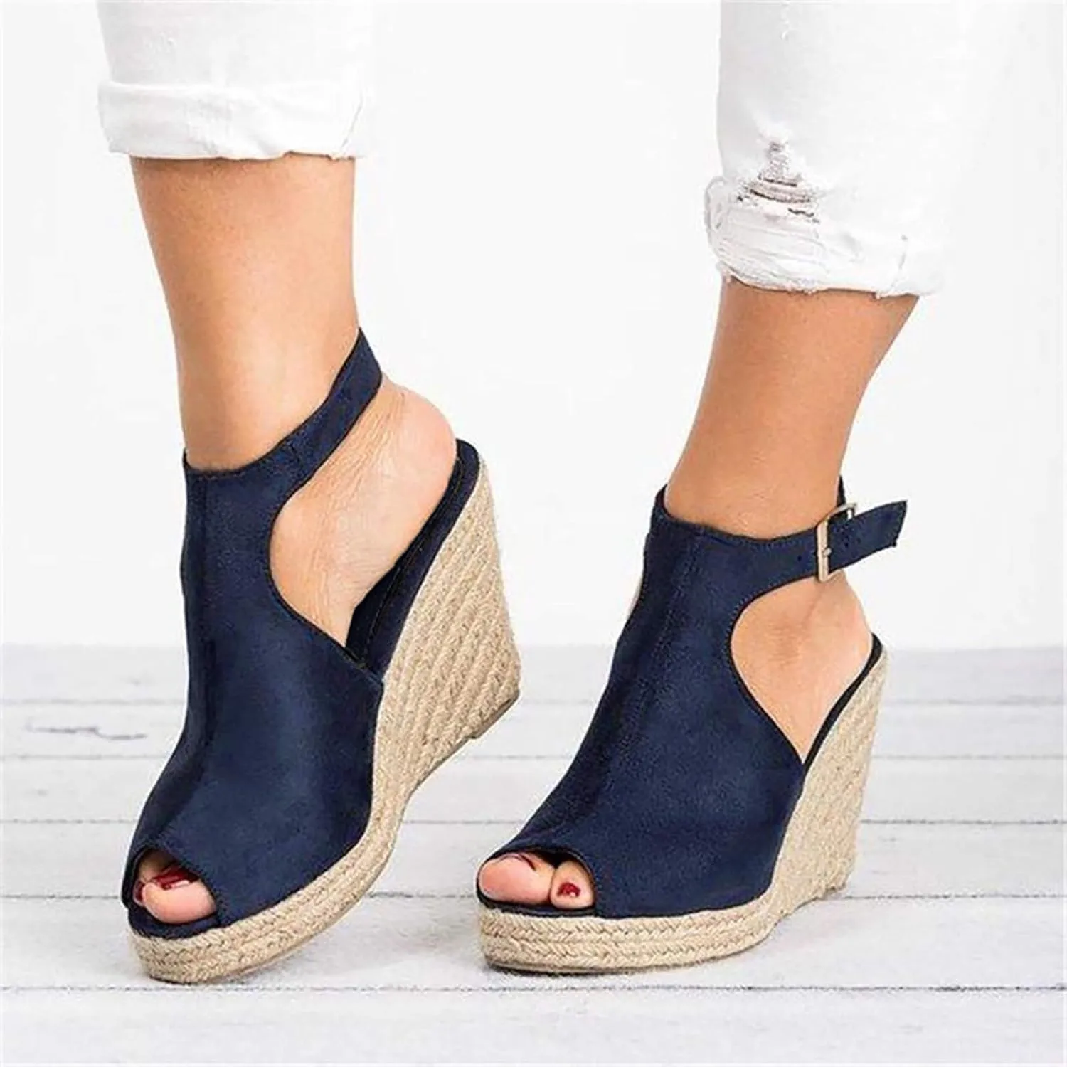 Sandals Women Dressy Summer Wedge, Womens Espadrille Wedge Sandals Open Toe Ankle Strap Buckle Platform Sandals Wedge High Heels Sandals Casual Summer Dress Shoes (a-Dark Blue, 9)